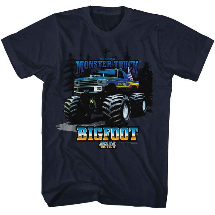 Bigfoot - Truck And Trees - American Classics - Solid Blue Adult Short Sleeve T-Shirt