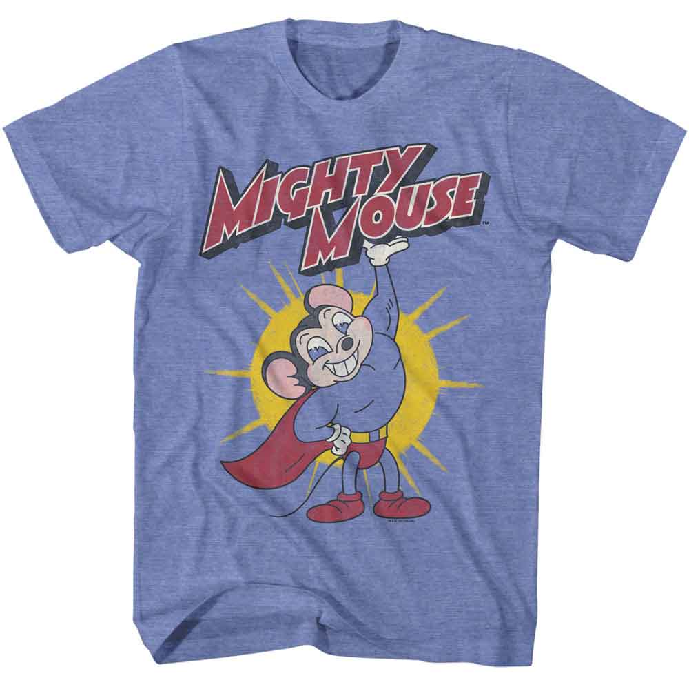 Mighty Mouse - Lifting Logo - American Classics - Light Blue Heather Adult Short Sleeve T-Shirt
