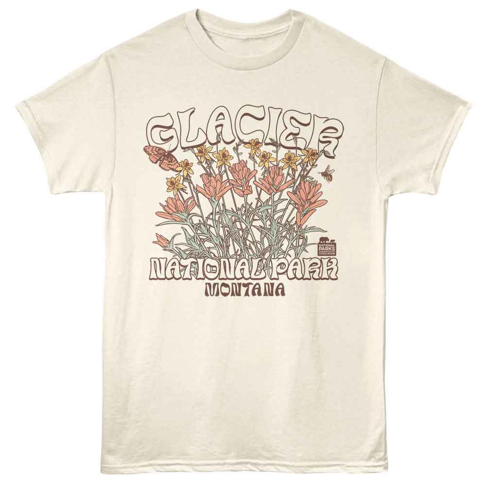 National Parks - Glacier Flowers 2 - Front Print Adult Short Sleeve Solid T-Shirt - Natural