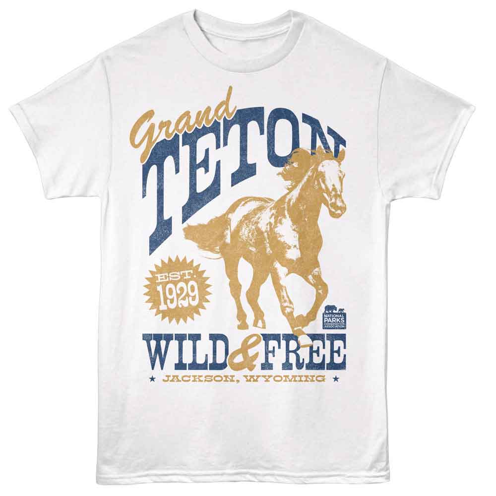 National Parks - Teton Wild And Free - Front Print Adult Short Sleeve Solid T-Shirt - White