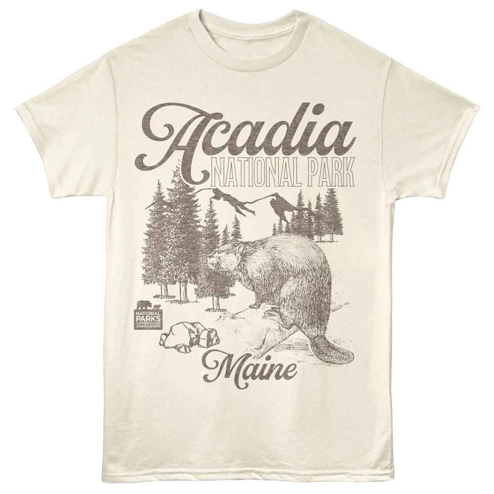 National Parks - Acadia Beaver - Off-White - Front Print Solid Adult Unisex Short Sleeve T-Shirt