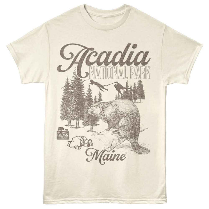 National Parks - Acadia Beaver - Off-White - Front Print Solid Adult Unisex Short Sleeve T-Shirt