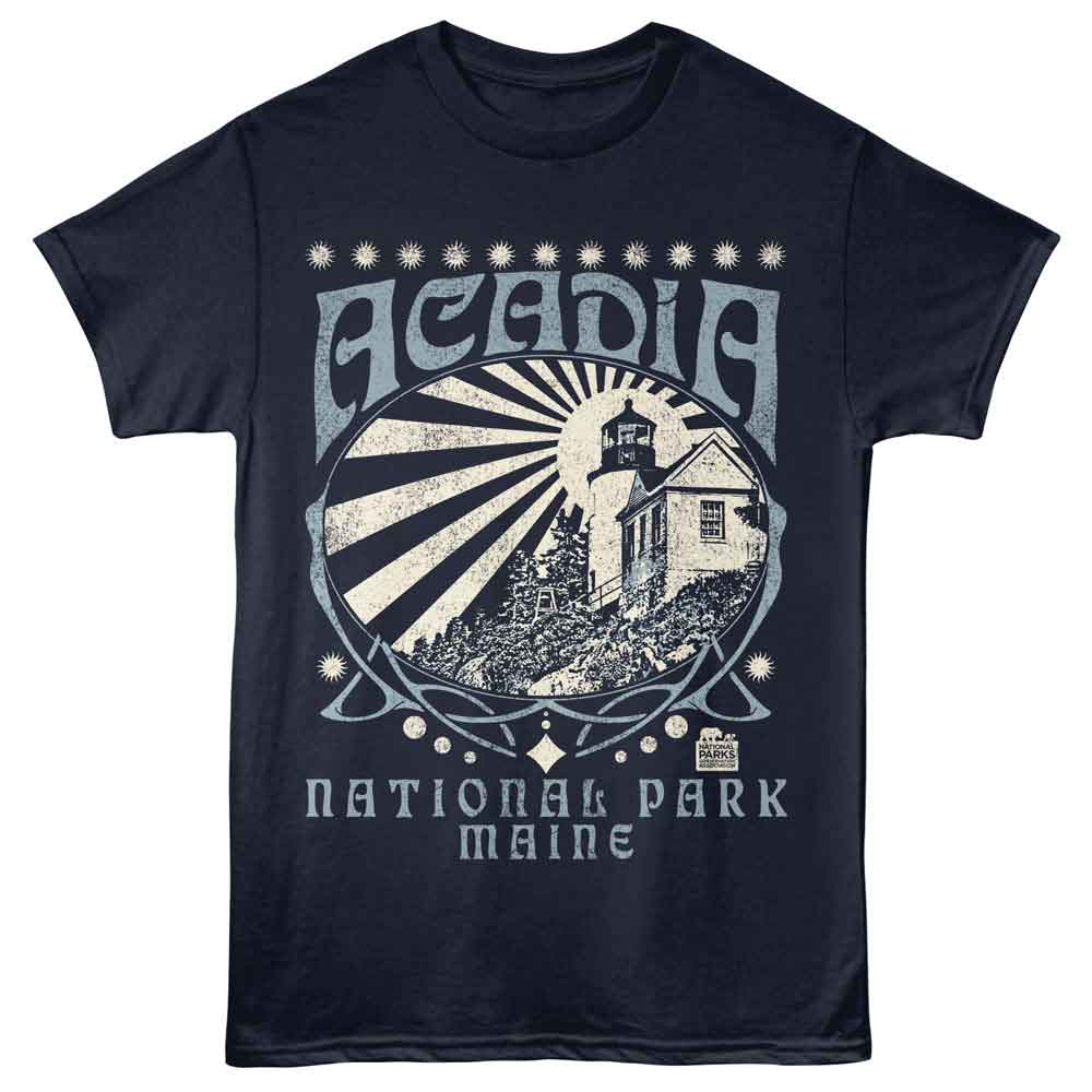 National Parks - Acadia Shining Lighthouse - Front Print Adult Short Sleeve Solid T-Shirt - Navy