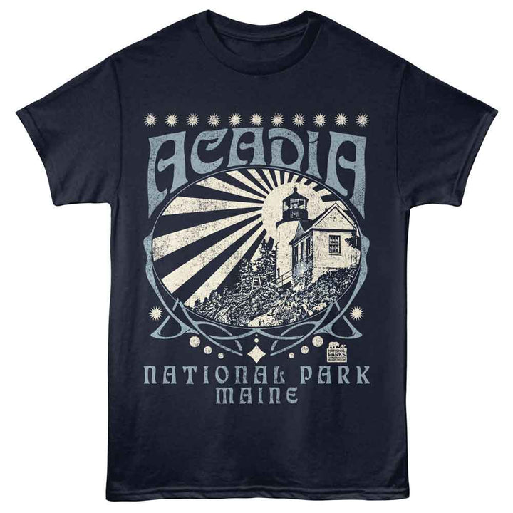 National Parks - Acadia Shining Lighthouse - Front Print Adult Short Sleeve Solid T-Shirt - Navy