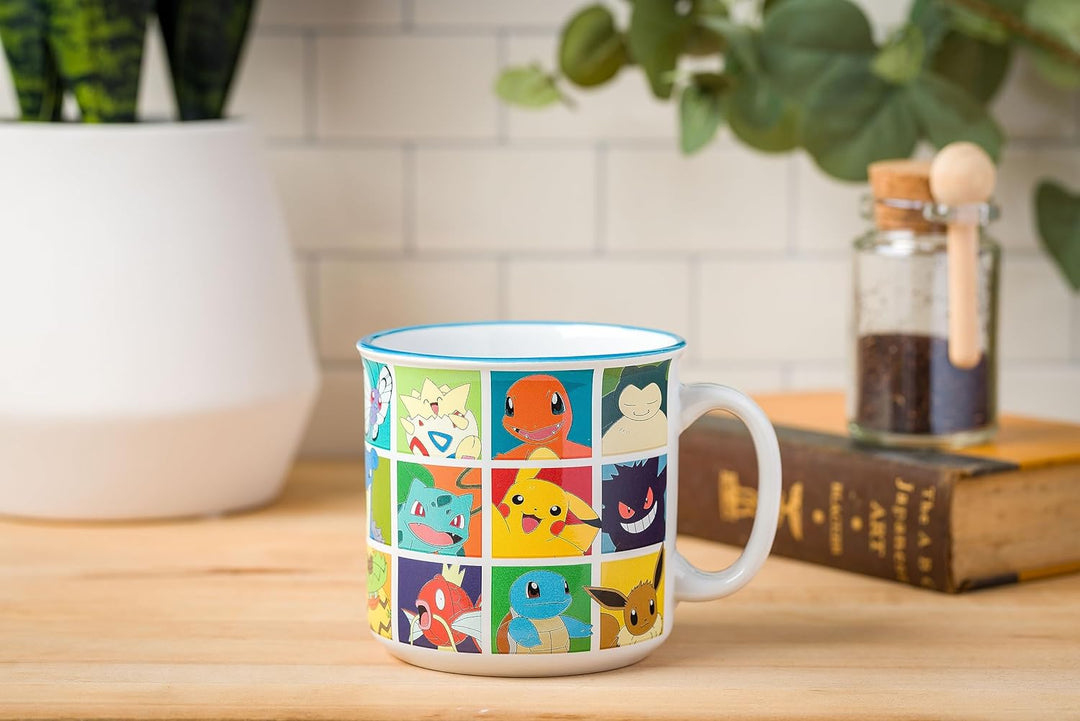 Nintendo Pokemon Bulbasaur Squirtle Snorlax Pikachu Eevee & More Grid Ceramic Camper Mug 20 Ounces