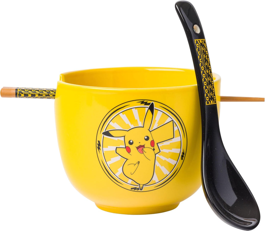 Pokemon Pikachu Electric Ceramic Ramen Noodle Rice Bowl with Chopsticks and Spoon Microwave Safe 20 Ounces