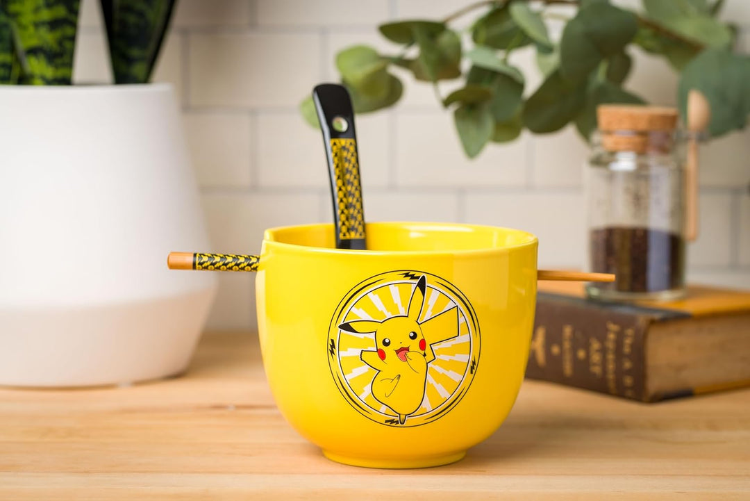 Pokemon Pikachu Electric Ceramic Ramen Noodle Rice Bowl with Chopsticks and Spoon Microwave Safe 20 Ounces