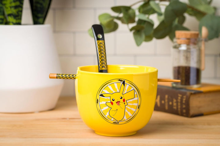 Pokemon Pikachu Electric Ceramic Ramen Noodle Rice Bowl with Chopsticks and Spoon Microwave Safe 20 Ounces
