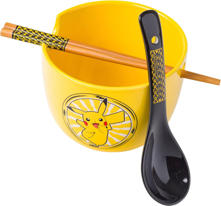 Pokemon Pikachu Electric Ceramic Ramen Noodle Rice Bowl with Chopsticks and Spoon Microwave Safe 20 Ounces