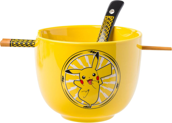 Pokemon Pikachu Electric Ceramic Ramen Noodle Rice Bowl with Chopsticks and Spoon Microwave Safe 20 Ounces