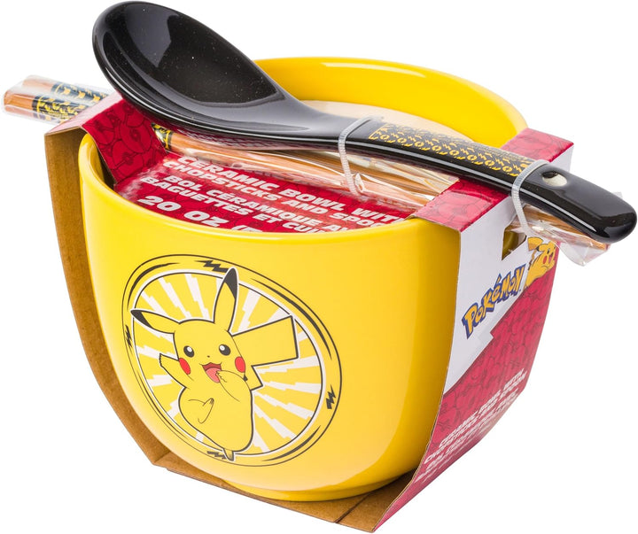 Pokemon Pikachu Electric Ceramic Ramen Noodle Rice Bowl with Chopsticks and Spoon Microwave Safe 20 Ounces