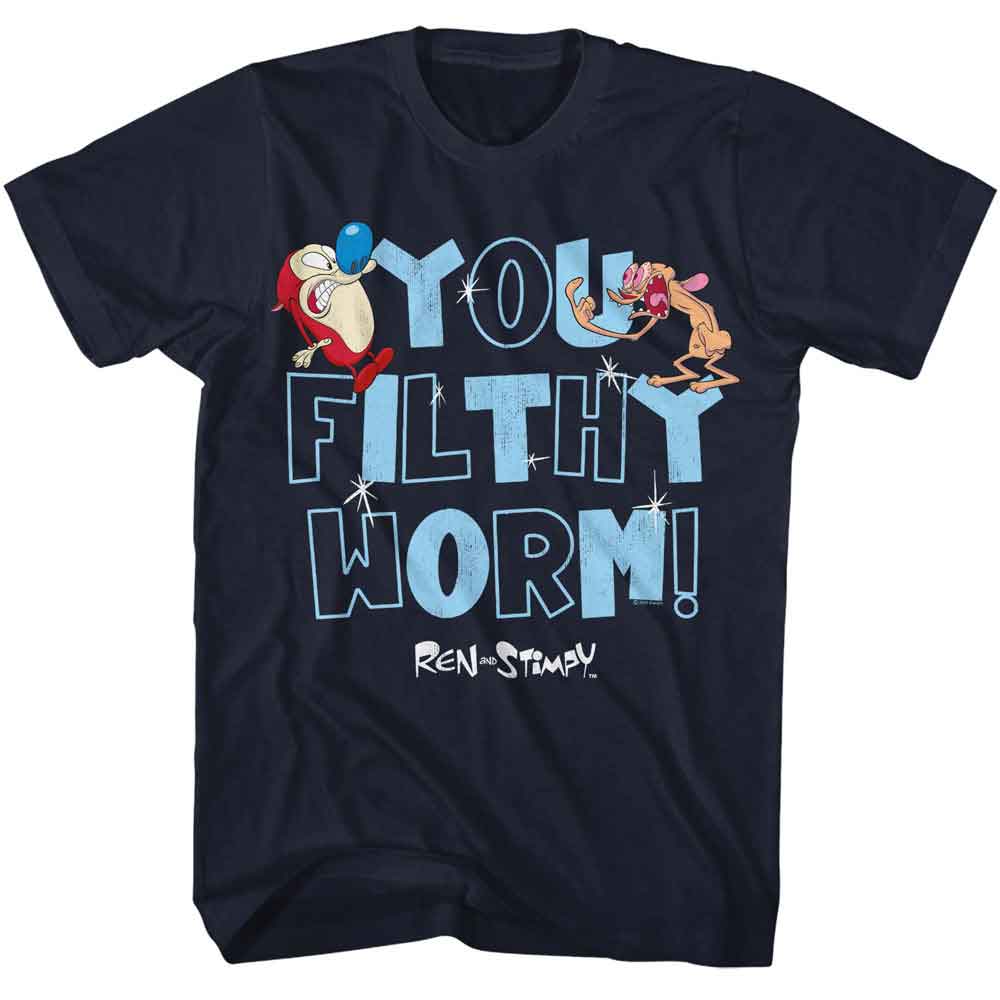 Ren And Stimpy - You Filthy Worm - American Classics - Solid Blue Adult Short Sleeve T-Shirt