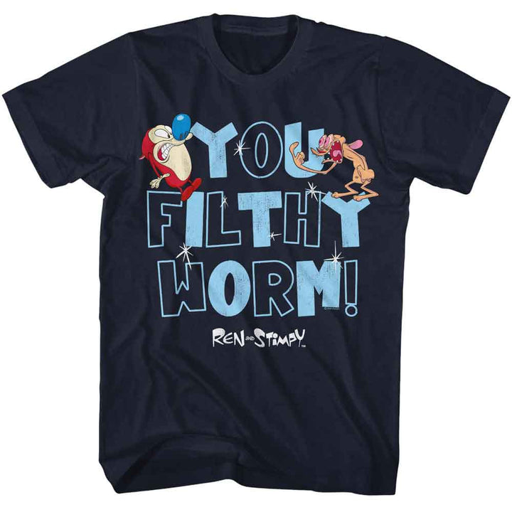 Ren And Stimpy - You Filthy Worm - American Classics - Solid Blue Adult Short Sleeve T-Shirt