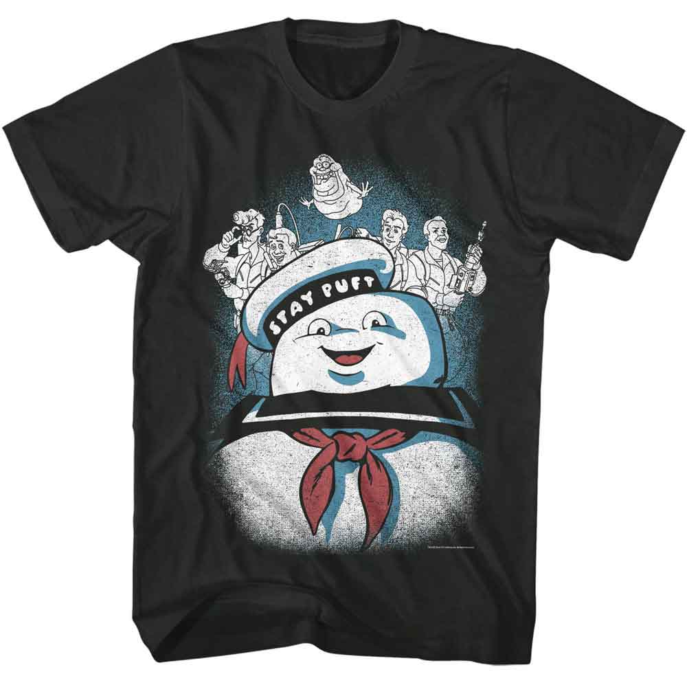 The Real Ghostbusters - Stay Puft And Ghostbusters - American Classics - Gray Front Print Adult Short Sleeve T-Shirt