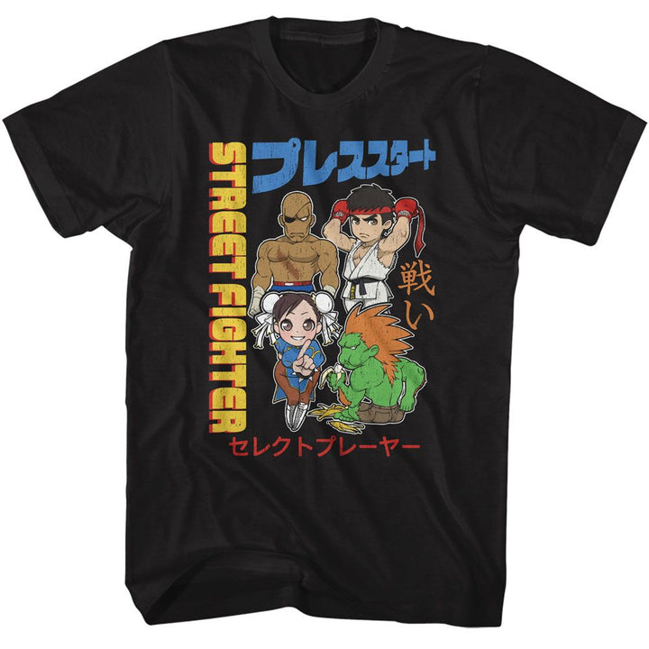Street Fighter - Chibi With Kanji - American Classics - Solid Black Adult Short Sleeve T-Shirt