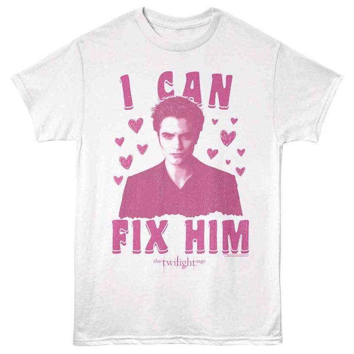 Twilight - Fix Him Sketchy Hearts - Front Print Adult Short Sleeve Solid T-Shirt - White
