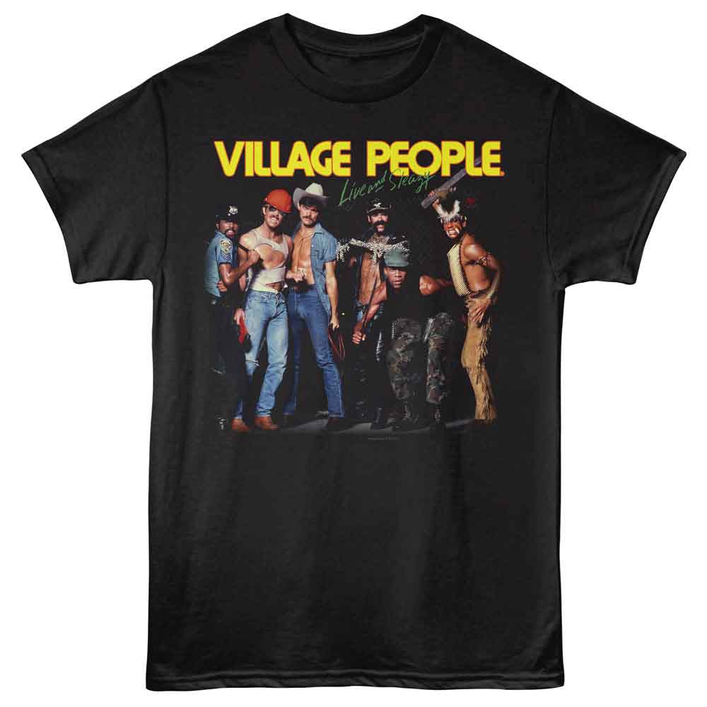 Village People - Live And Sleazy - Black - Front Print Solid Adult Unisex Short Sleeve T-Shirt
