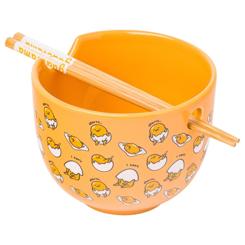 Sanrio Gudetama I Can't Lazy Yellow Egg Ceramic Ramen Noodle Rice Bowl with Chopsticks Microwave Safe 20 Ounces