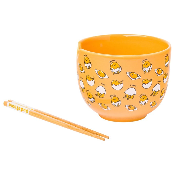 Sanrio Gudetama I Can't Lazy Yellow Egg Ceramic Ramen Noodle Rice Bowl with Chopsticks Microwave Safe 20 Ounces
