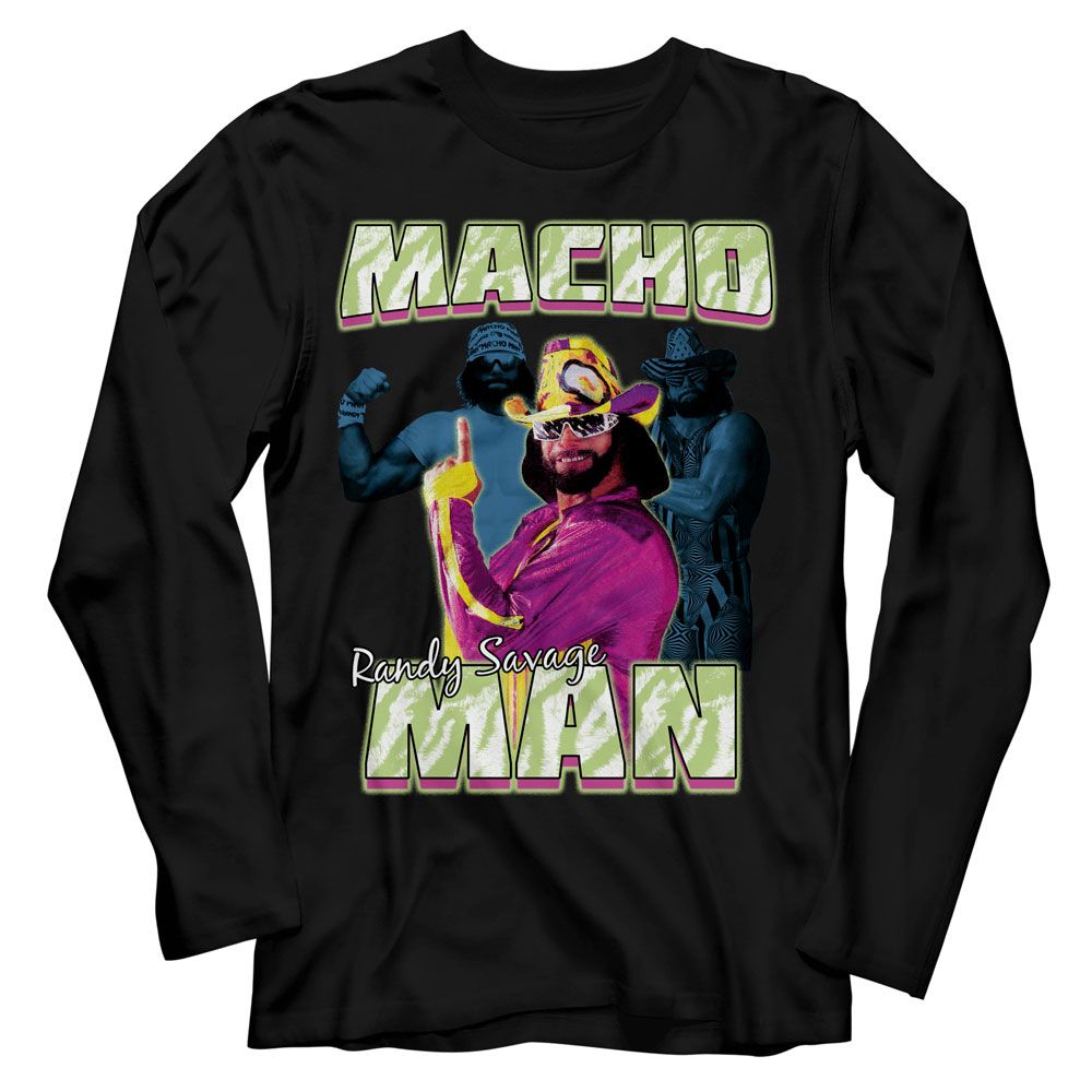 Macho Man - Three Photos Collage - Black Front Print Long Sleeve Adult T-Shirt