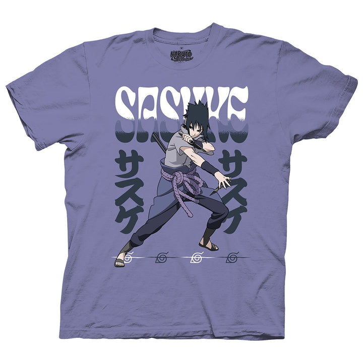 Naruto Shippuden Fighting Stance Sasuke With Name Adult T-Shirt