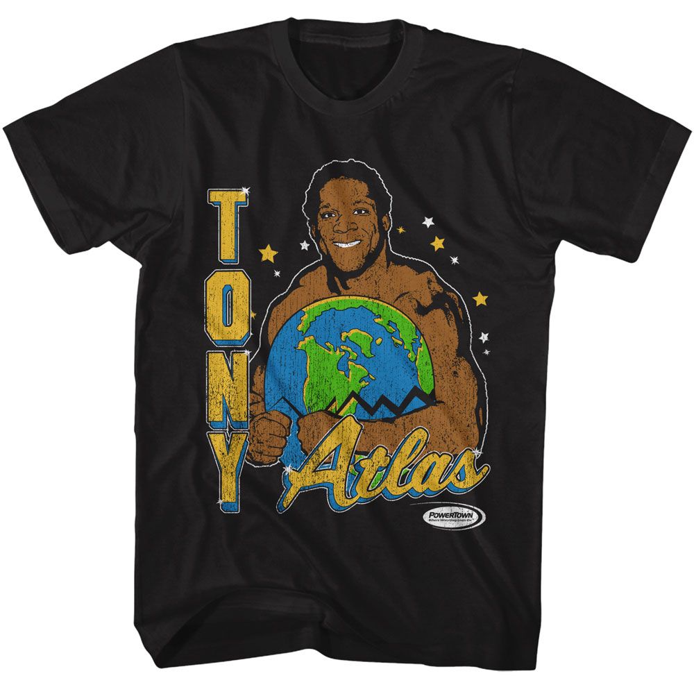 Powertown - Tony Atlas Holding Earth - Black Short Sleeve Adult T-Shirt
