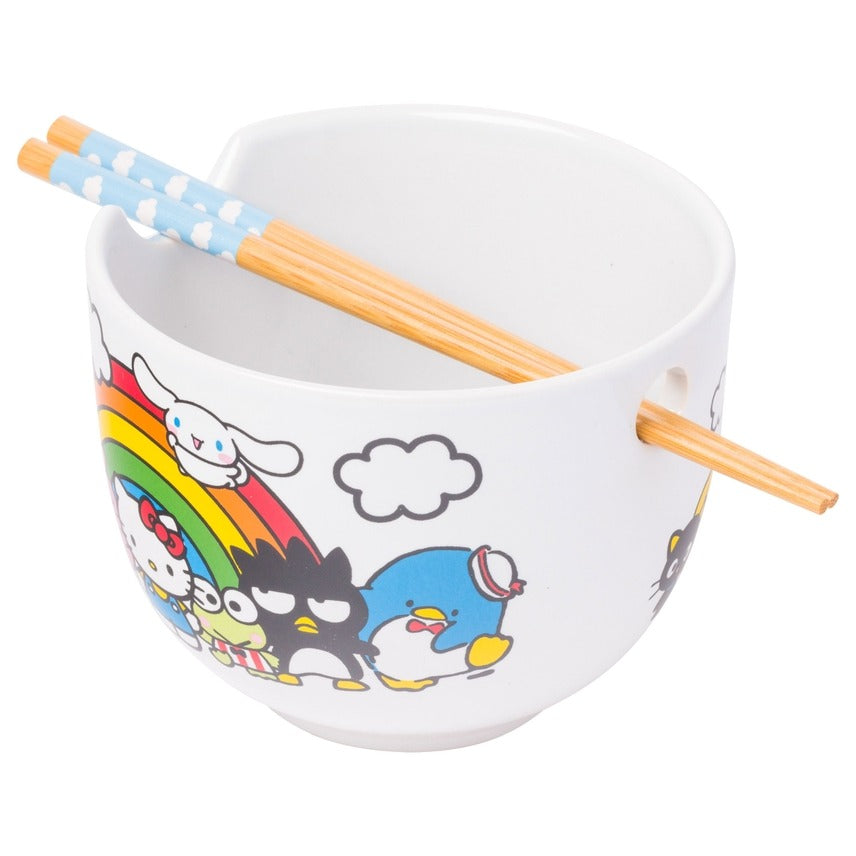 Sanrio Hello Kitty and Friends Rainbow Ceramic Ramen Rice Bowl with Chopsticks Microwave Safe 20 Ounces