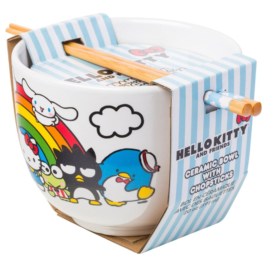 Sanrio Hello Kitty and Friends Rainbow Ceramic Ramen Rice Bowl with Chopsticks Microwave Safe 20 Ounces