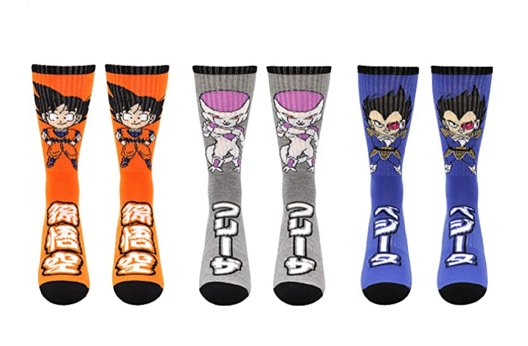 Dragon Ball Z Chibi Goku, Frieza, Vegeta Anime 3 Pack Crew Socks