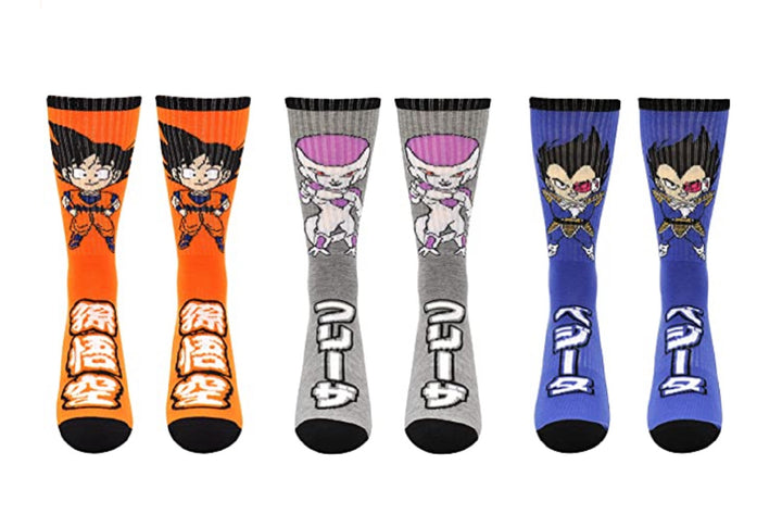 Dragon Ball Z Chibi Goku, Frieza, Vegeta Anime 3 Pack Crew Socks