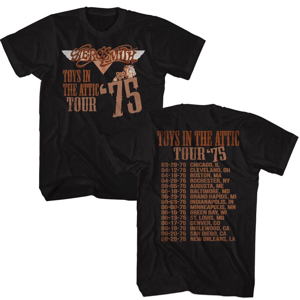 Aerosmith - Toys In The Attic Tour 75 - American Classics - Solid Black Adult Short Sleeve T-Shirt