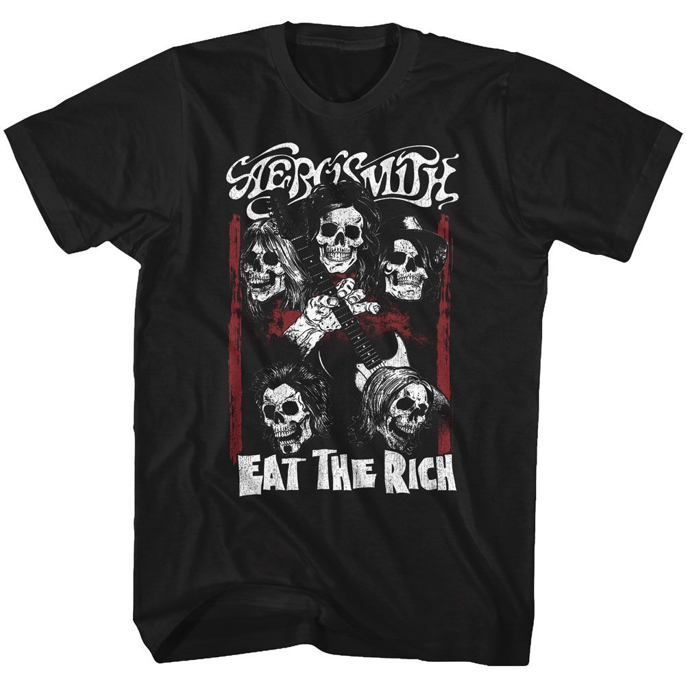 Aerosmith - Eat The Rich Skull - American Classics - Solid Black Adult Short Sleeve T-Shirt