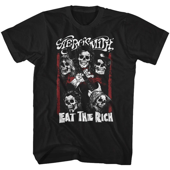 Aerosmith - Eat The Rich Skull - American Classics - Solid Black Adult Short Sleeve T-Shirt