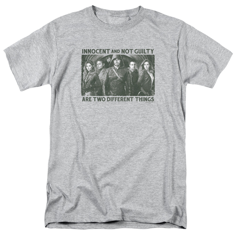 DC Comics - The Arrow - Not Guilty - Adult Unisex Short Sleeve T-Shirt - Gray