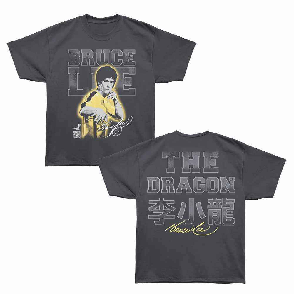 Bruce Lee - The Dragon Large Font - Bronx Oversized Short Sleeve T-Shirt - Front & Back Print - Gray