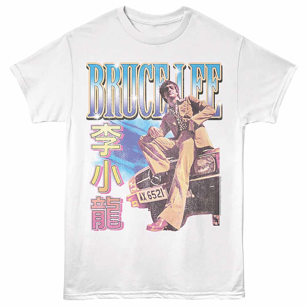 Bruce Lee - Cool Car Lean - Front Print Adult Short Sleeve Solid T-Shirt - White