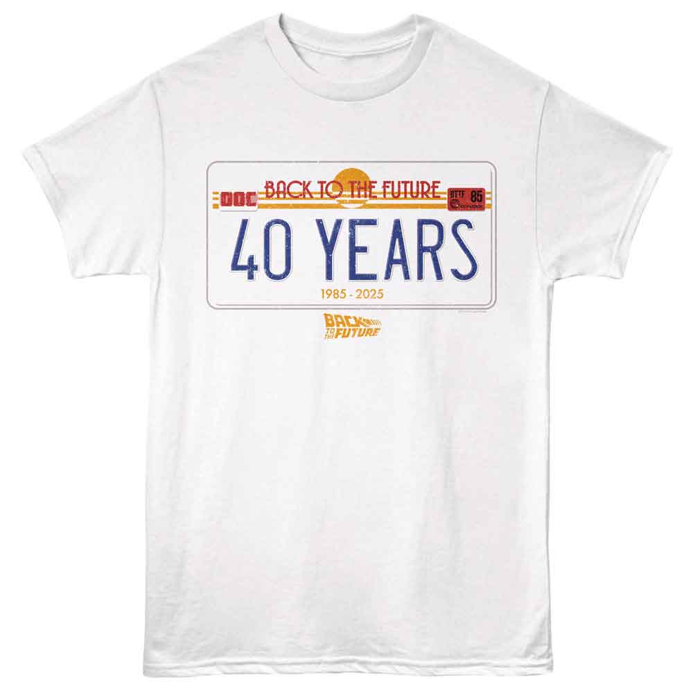 Back To The Future - 40 Years Plate - Front Print Adult Short Sleeve Solid T-Shirt - White