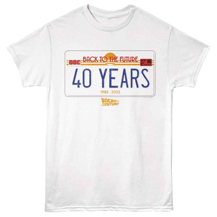 Back To The Future - 40 Years Plate - Front Print Adult Short Sleeve Solid T-Shirt - White