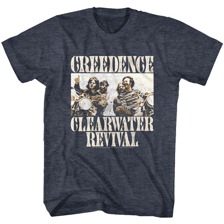 Creedence Clearwater Revival - Bikes Photo - American Classics - Blue Front Print Adult Short Sleeve Heather T-Shirt