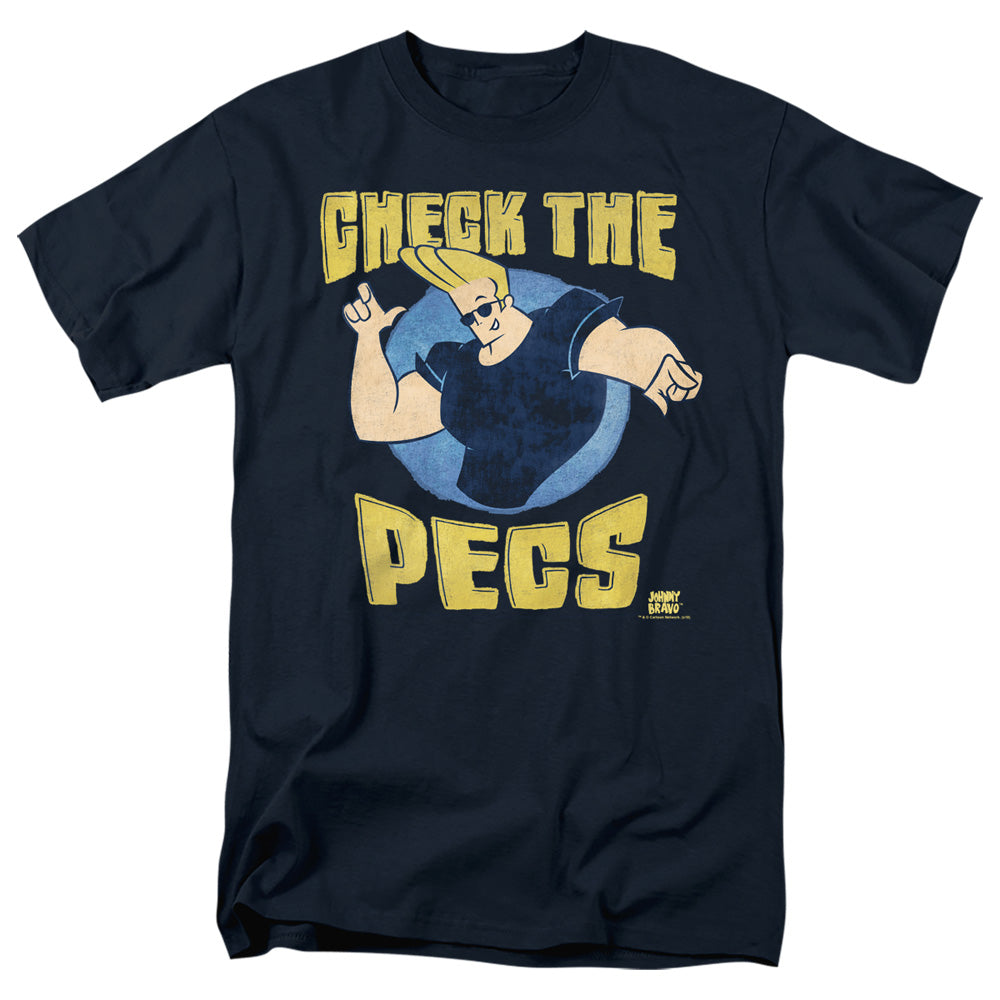 Johnny Bravo - Check The Pects - Adult Unisex Short Sleeve T-Shirt - Blue