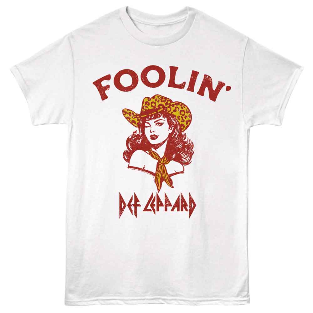 Def Leppard - Foolin Cowgirl - Front Print Adult Short Sleeve Solid T-Shirt - White