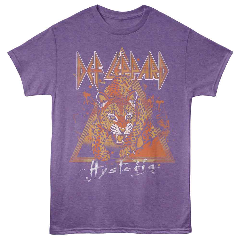 Def Leppard - Leopard On Rock Hysteria - Front Print Adult Short Sleeve Heather T-Shirt - Purple Heather