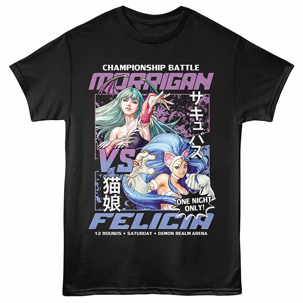 Darkstalkers - Morrigan Vs Felicia - Adult Unisex Short Sleeve T-Shirt - Black