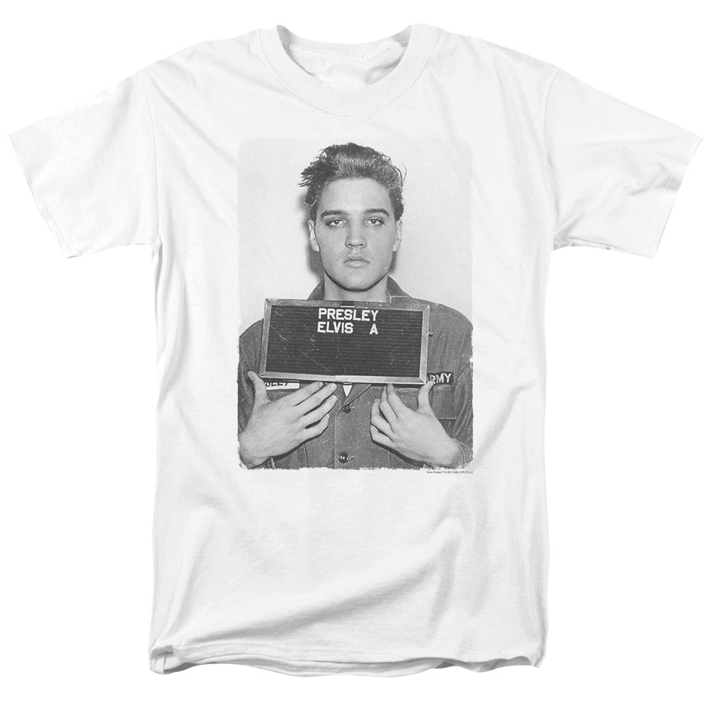Elvis Presley - Army Mug Shot - Adult Unisex Short Sleeve T-Shirt - White