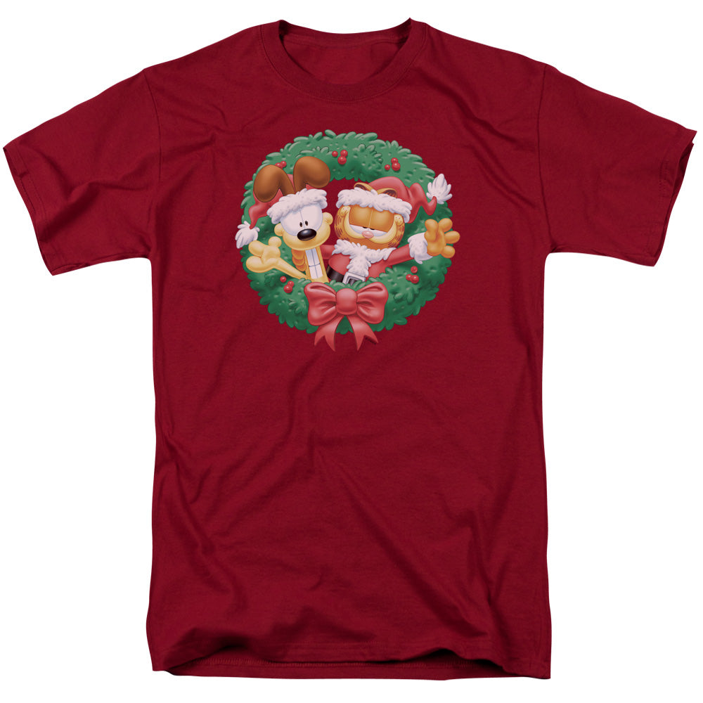 Garfield - Christmas Wreath - Adult Unisex Short Sleeve T-Shirt - Red