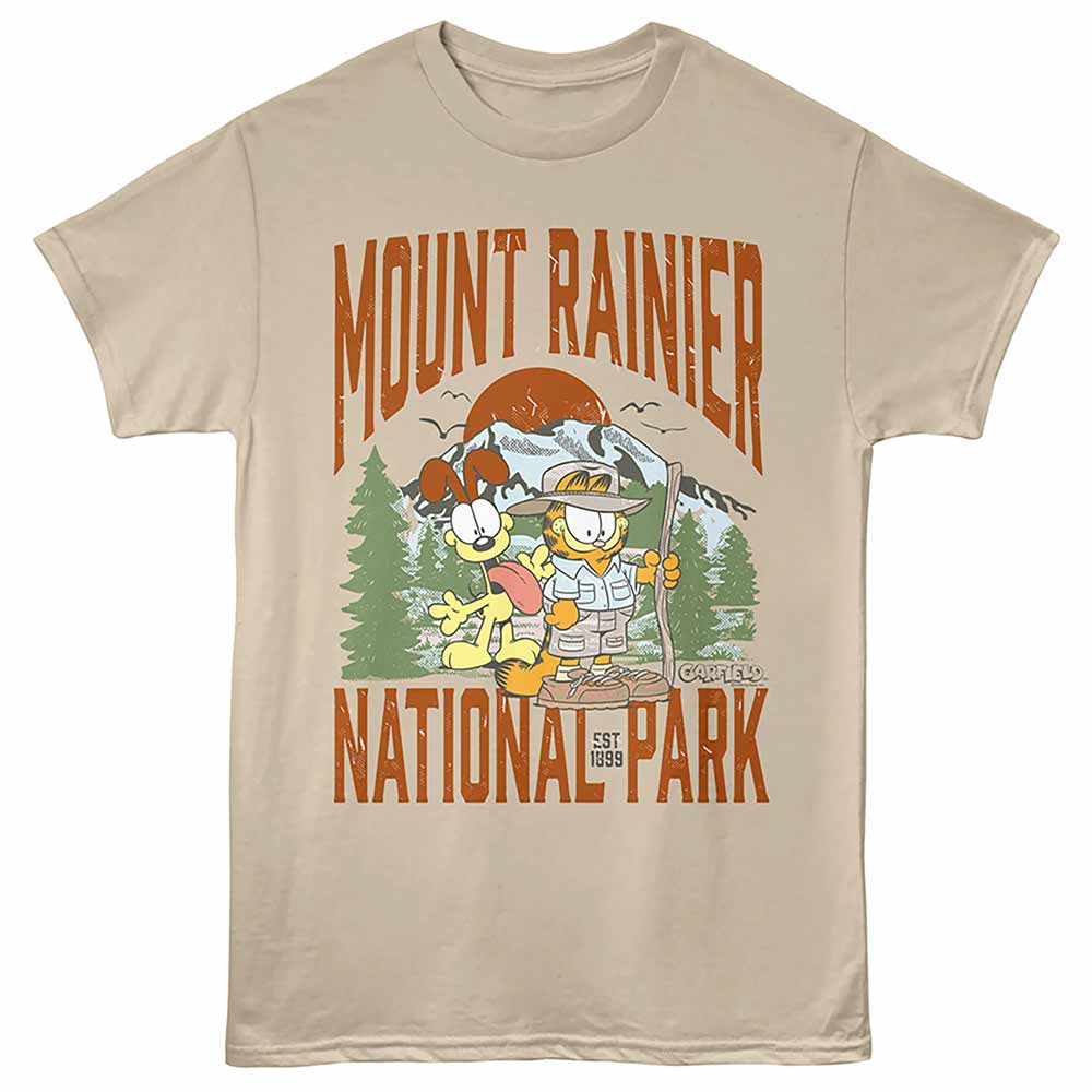 Garfield - Mount Rainier Hike - Front Print Adult Short Sleeve Solid T-Shirt - Sand