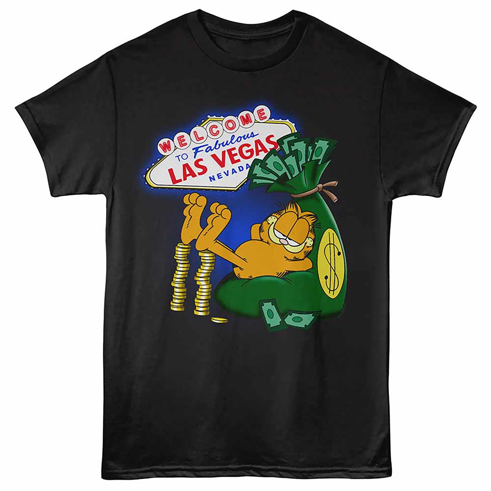 Garfield - Vegas Lounging - Front Print Adult Short Sleeve Solid T-Shirt - Black