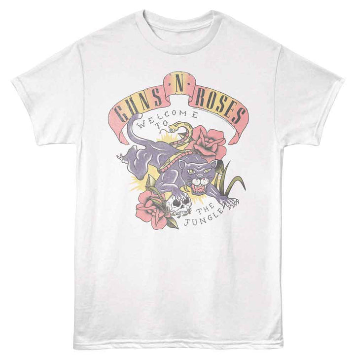 Guns N Roses - Tattoo Style Jungle - American Classics - Front Print White Solid Adult Short Sleeve T-Shirt