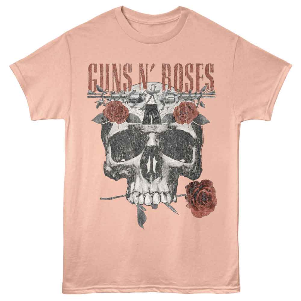 Guns N Roses - Flower Skull - Solid Adult Unisex Short Sleeve T-Shirt - Peach