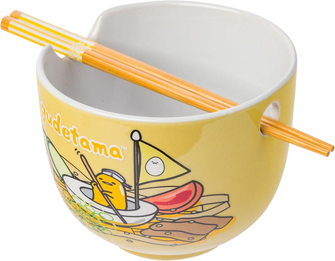 Sanrio Hello Kitty and Friends Gudetama Lazy Egg Sailing In Ramen Ceramic Bowl with Chopsticks 20oz